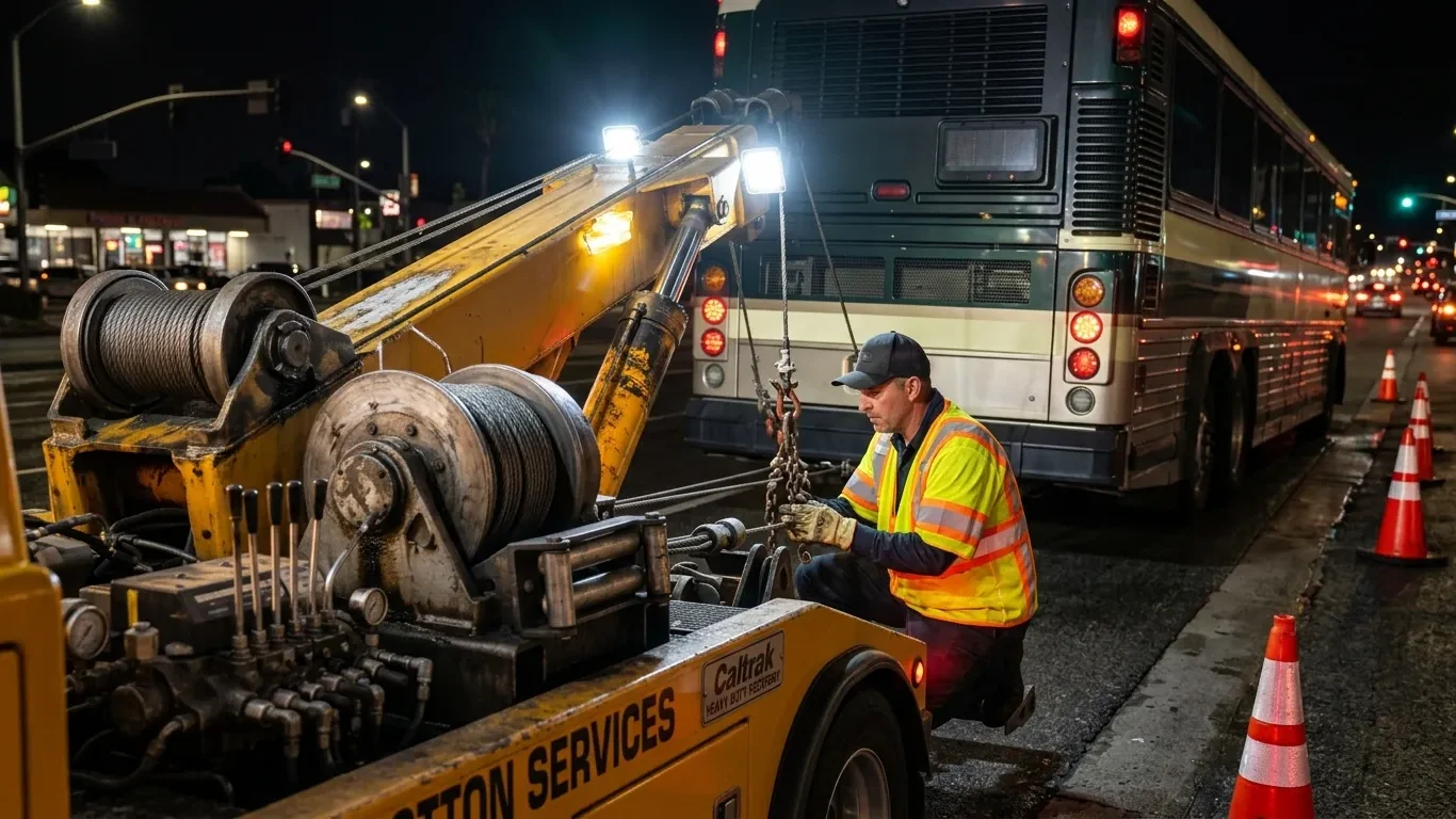 Heavy Duty Towing in Lake Balboa operator preparing a bus for nighttime tow