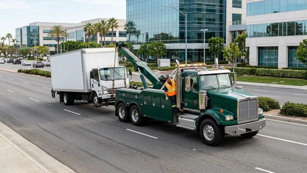 Heavy Duty Tow Truck transporting a commercial vehicle in Van Nuys CA