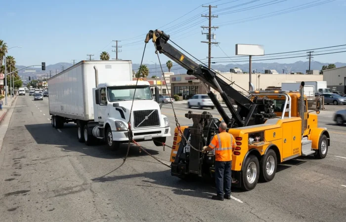 Heavy Duty Tow Truck recovering a semi-truck in Van Nuys CA