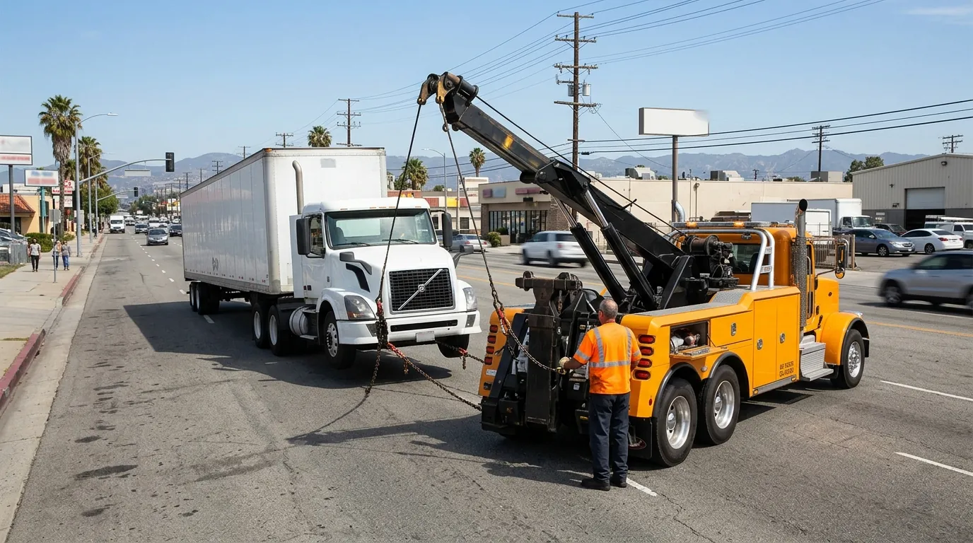 Heavy Duty Tow Truck recovering a semi-truck in Van Nuys CA