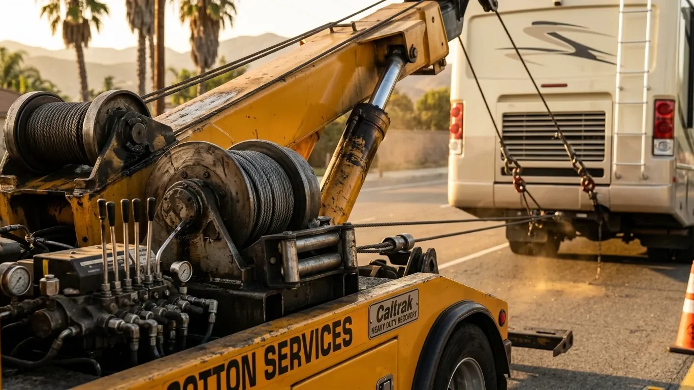 Heavy Duty Towing in Lake Balboa winch and boom recovering a stranded RV