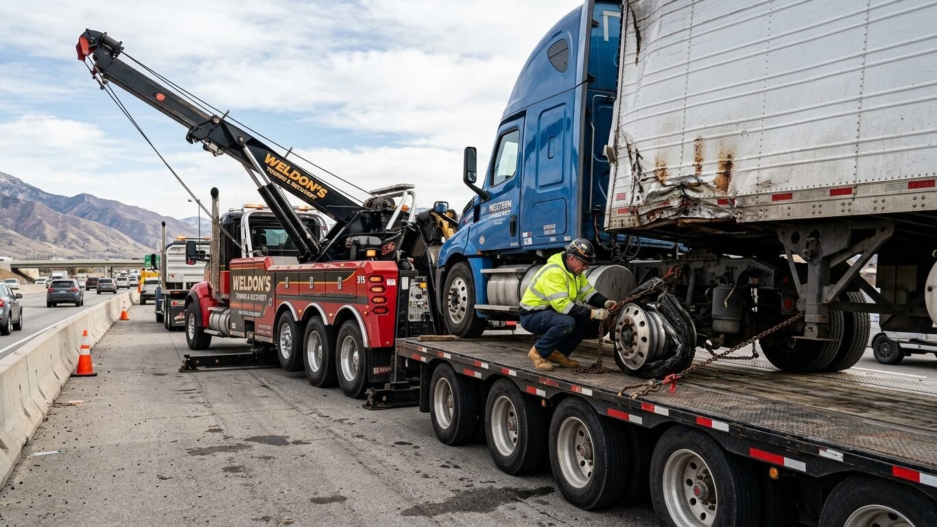Heavy Duty Towing La Palma CA flatbed loading a damaged tractor-trailer