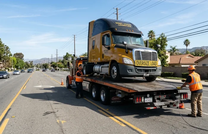 Heavy Duty Towing in Lake Balboa flatbed truck loading a commercial semi-truck