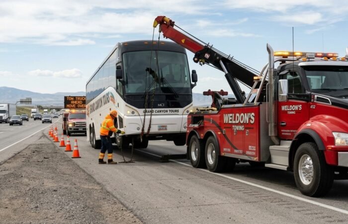 Heavy Duty Towing La Palma CA tow truck recovering a charter bus on the highway