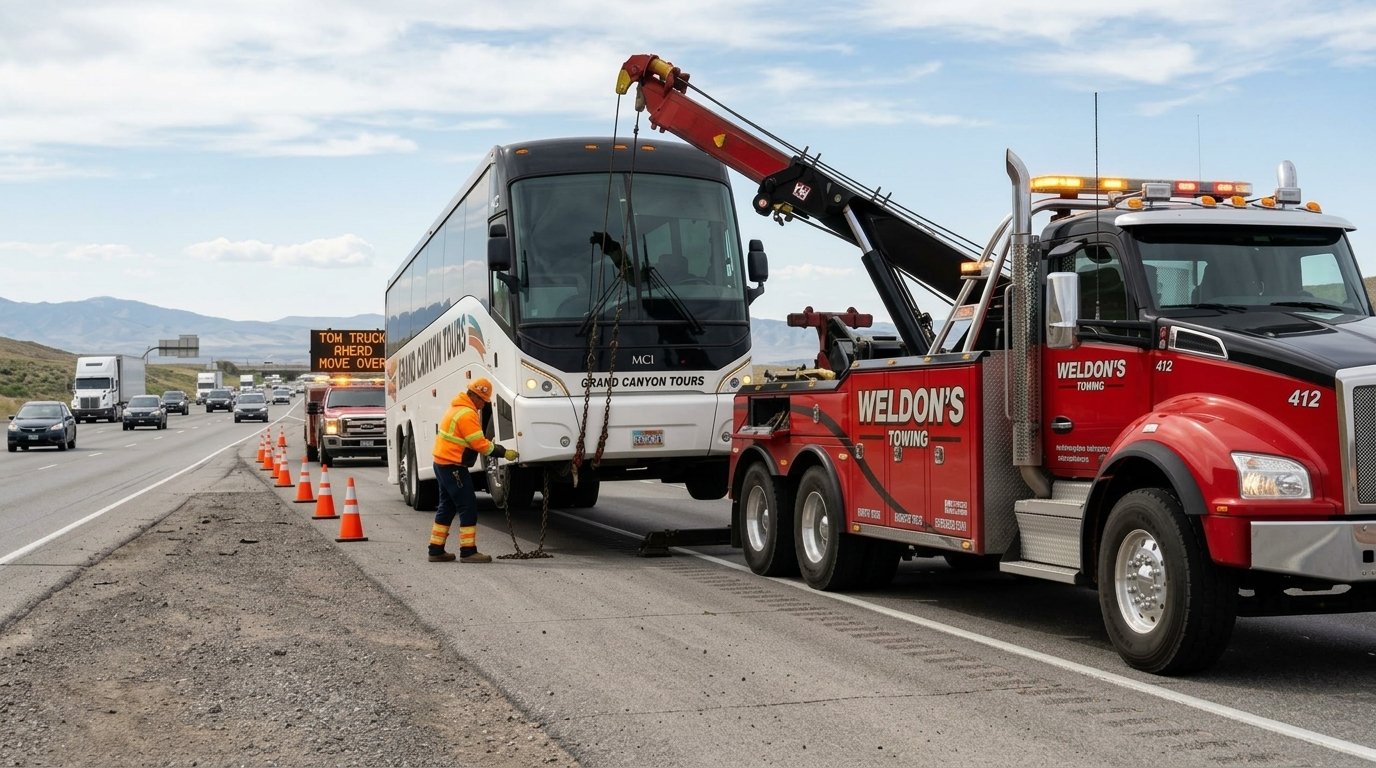 Heavy Duty Towing La Palma CA tow truck recovering a charter bus on the highway
