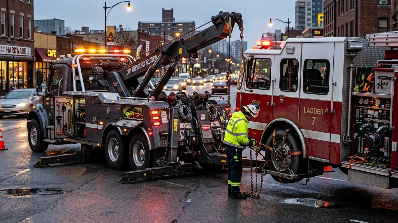 Heavy Duty Towing La Palma CA specialist towing a disabled fire truck at dusk
