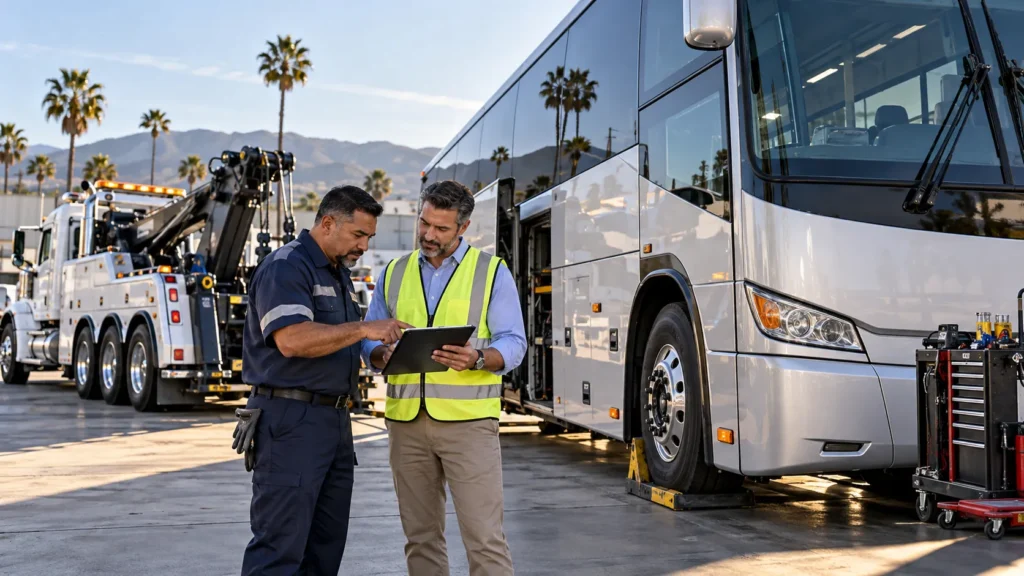 Heavy Duty Towing in Van Nuys, CA with a fleet manager and towing specialist coordinating disabled bus recovery.