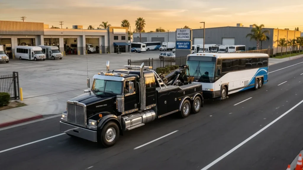 Heavy Duty Towing in Van Nuys, CA featuring a specialized tow truck transporting a disabled commercial passenger bus.