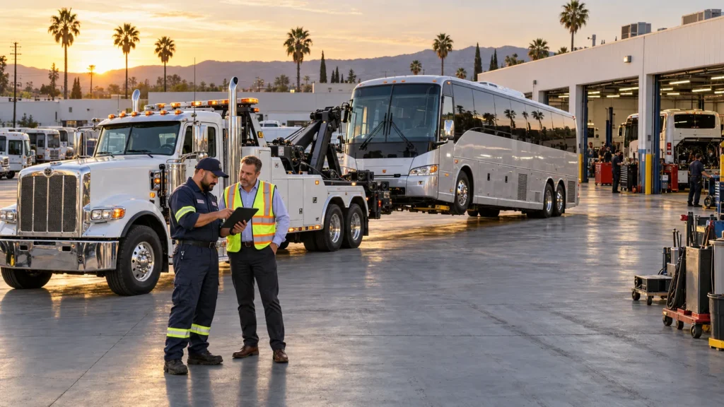 Heavy duty towing for buses in Van Nuys, CA with a commercial passenger bus delivered to a repair facility.