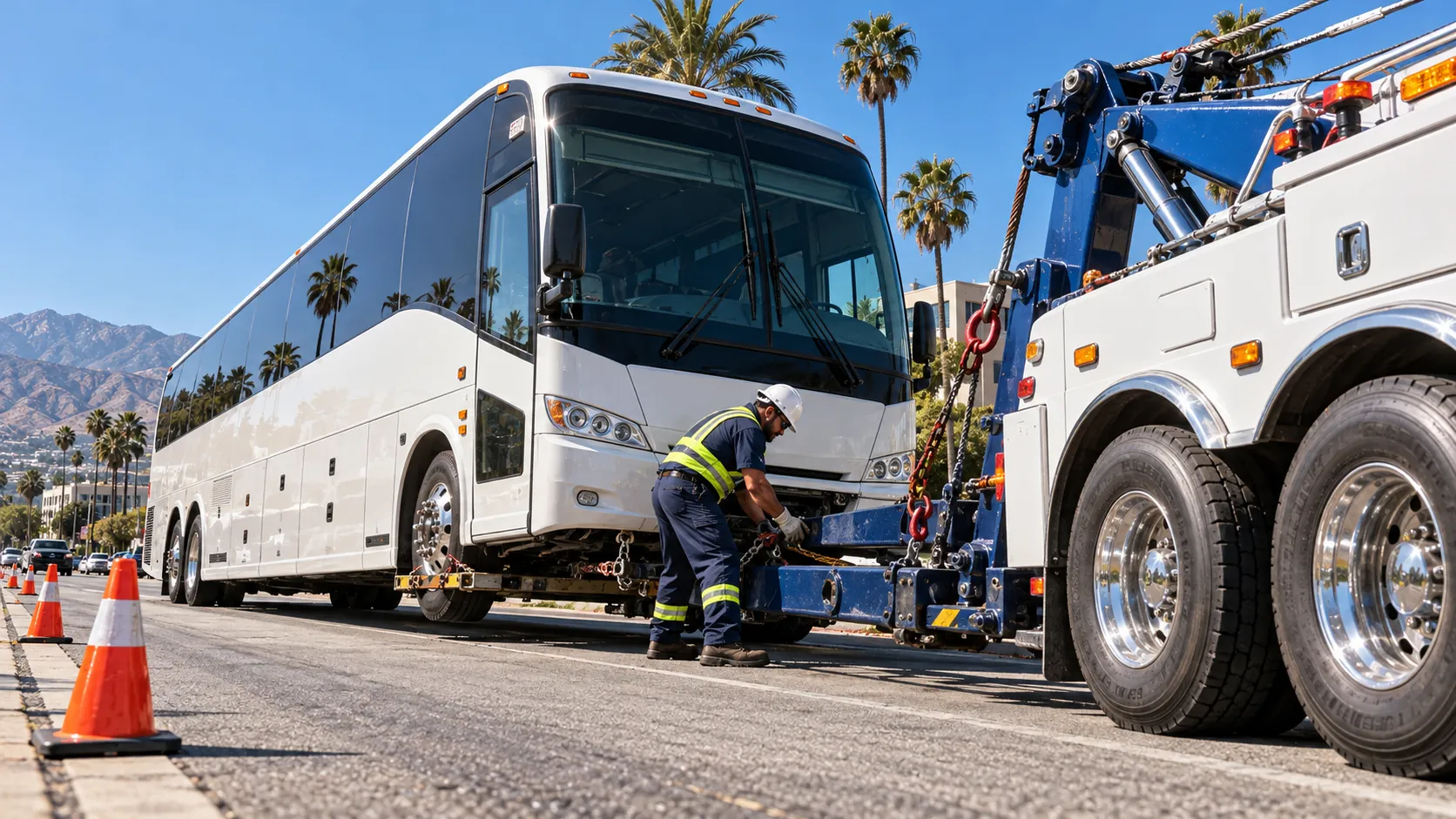Heavy duty towing for buses in Van Nuys, CA with a professional tow truck recovering a disabled charter bus.