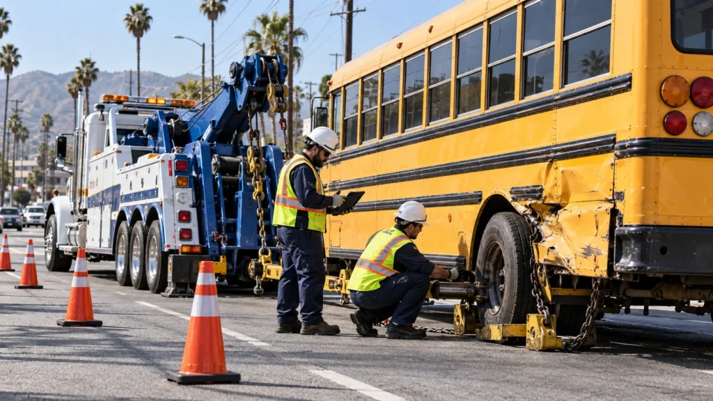 Heavy duty towing for buses in Van Nuys, CA showing a professional crew preparing a disabled school bus for accident recovery.