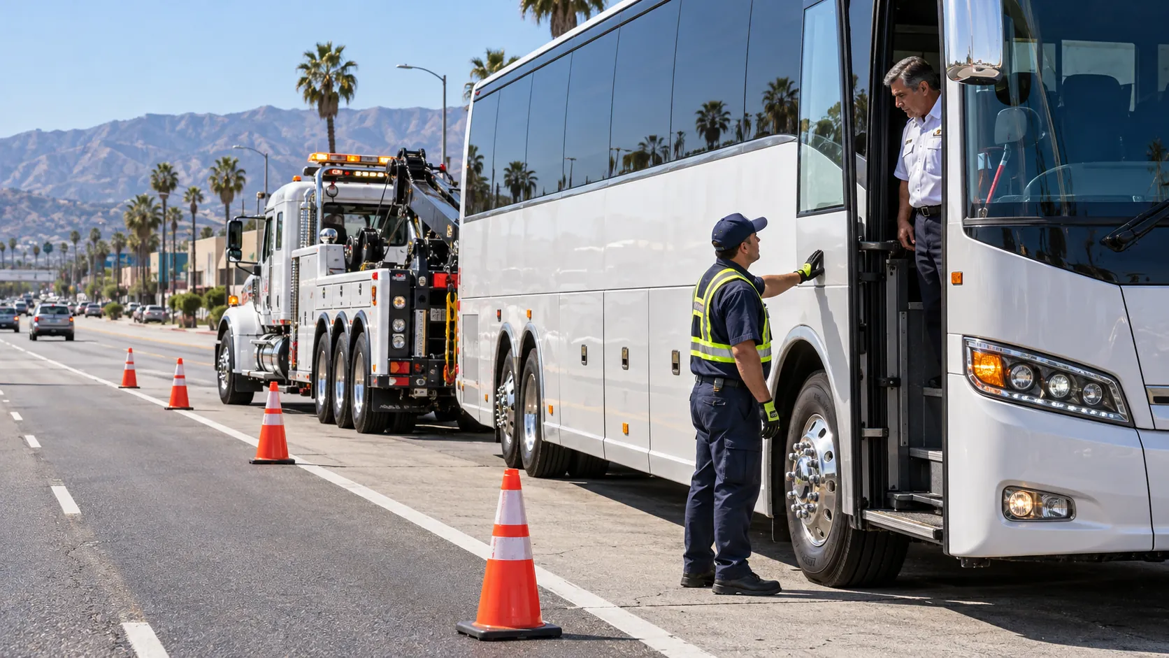 Heavy Duty Towing in Van Nuys, CA with a professional roadside technician assisting a disabled passenger bus.